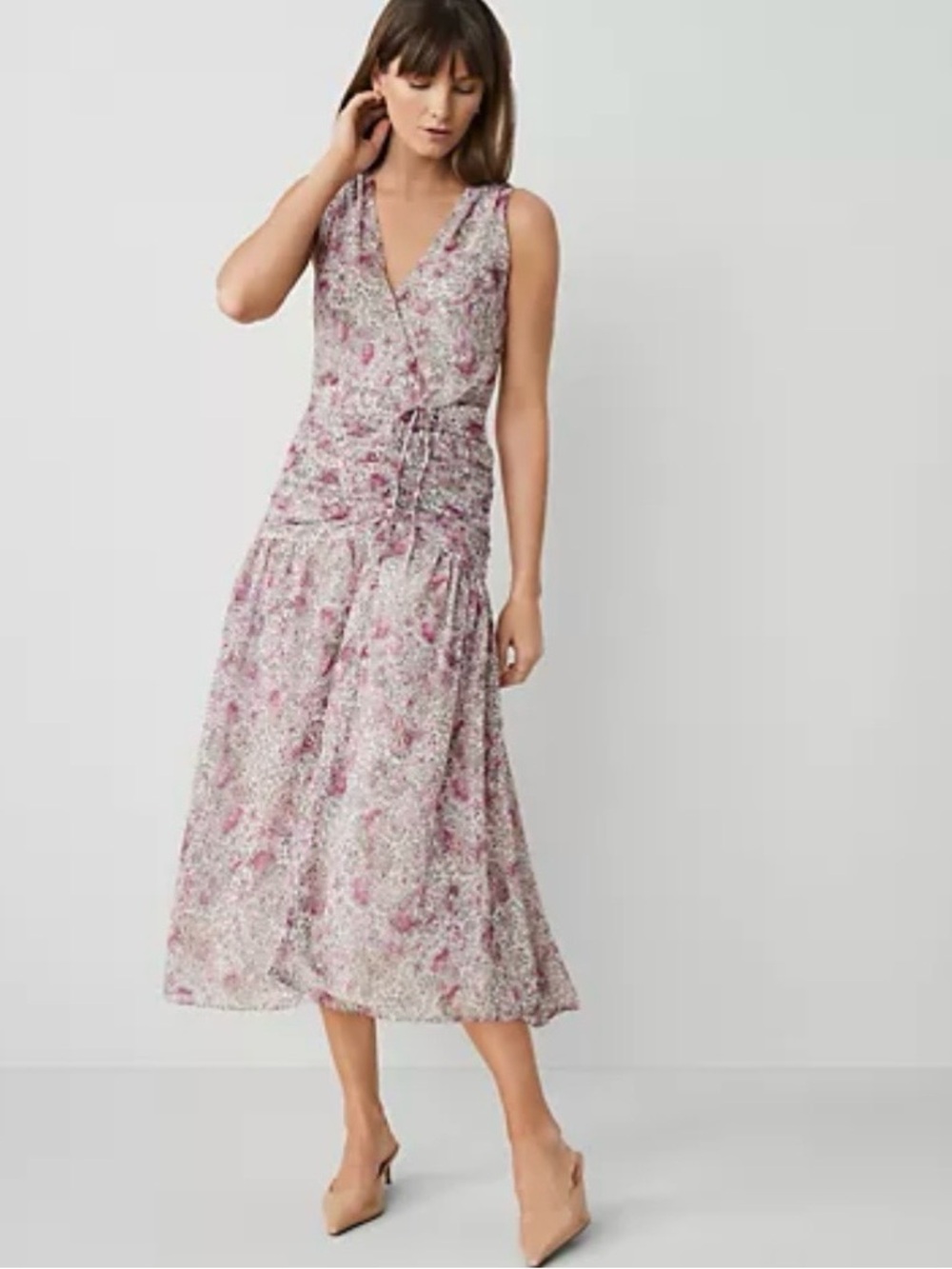 Floral Ruched V-Neck Midi Dress - Pink and Cream Sz 4